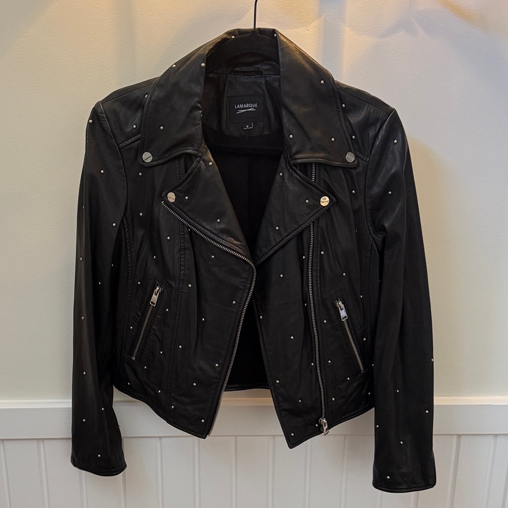 Lamarque Black 100% Leather Piper Studded Biker Jacket Size Medium EUC